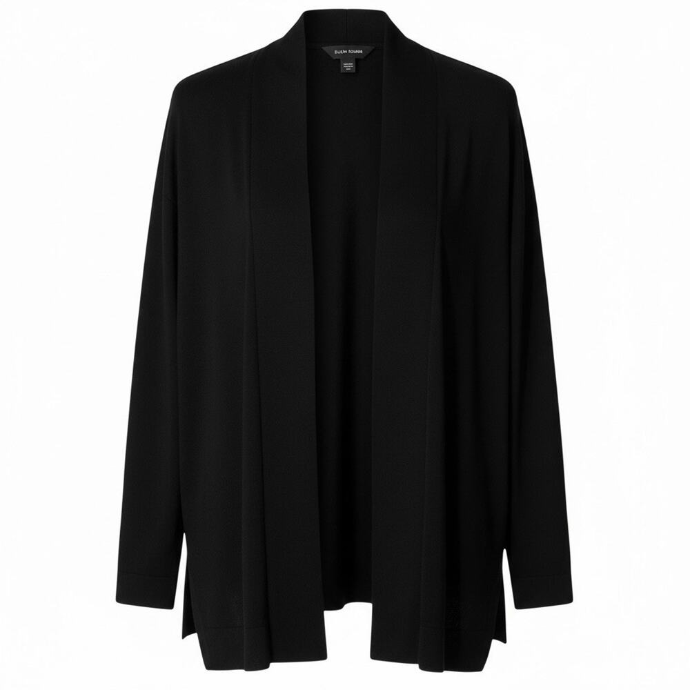 Eileen Fisher Black 100% Silk Crepe Open Front Cardigan Size Medium Lightweight